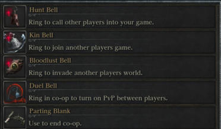 Inventário do jogo mostrando os sinos Hunt Bell, Kin Bell, Bloodlust Bell, Duel Bell e Parting Blank