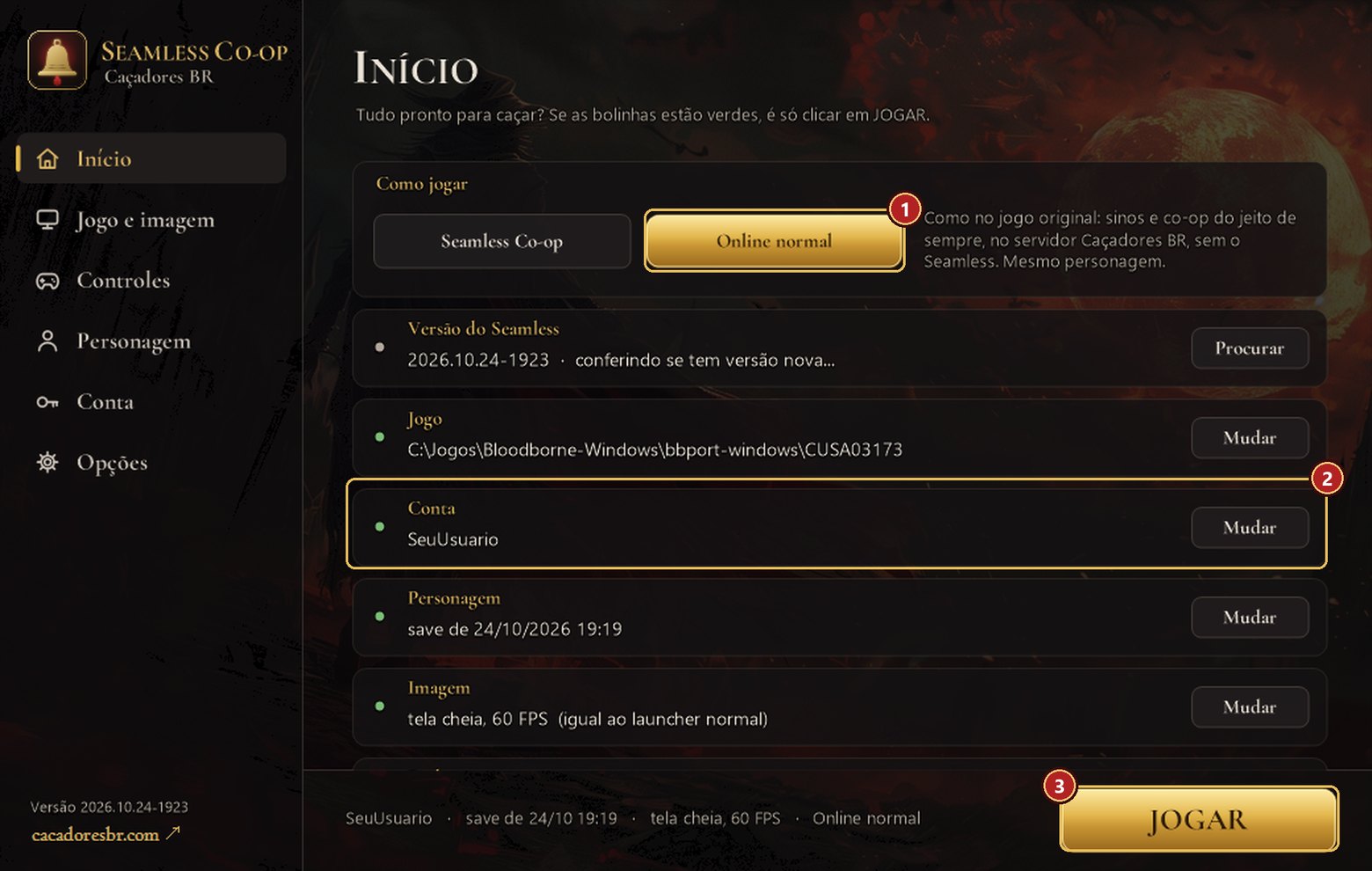 Aba Início do app do Caçadores BR: Como jogar com Online normal escolhido (1), a conta (2) e o botão JOGAR (3)